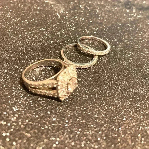 3ct. Halo Cushion Diamond Engagement Wedding Ring Set 10k White Gold (3 pcs.) - Picture 7 of 15